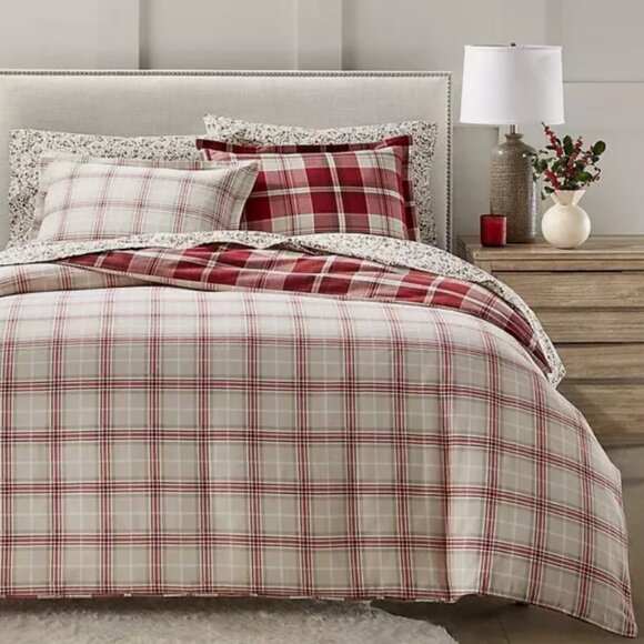 Charter Club Crimson Plaid FLANNEL Duvet Cover ONLY Full/Queen